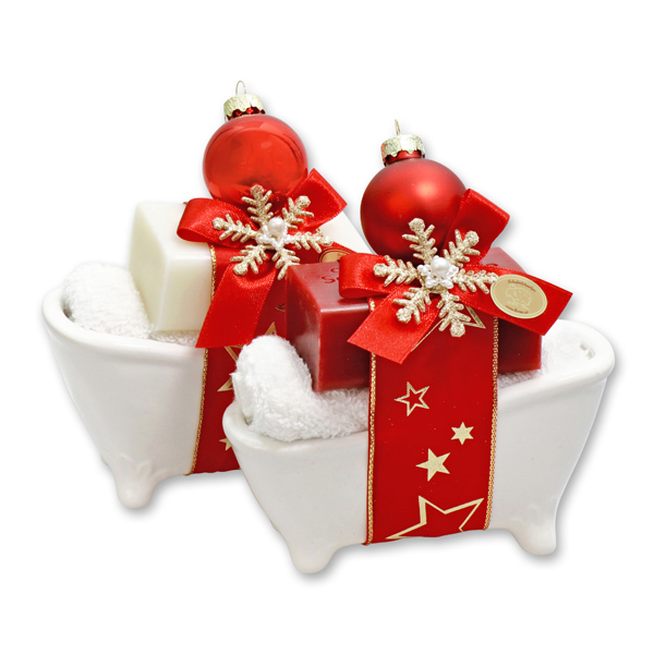 Sheep milk soap 100g, in a small bathtub decorated with a glass christmas ball, Classic/pomegranate 