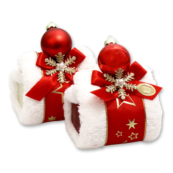 Schafmilchseife eckig 100g dekoriert mit Waschlappen und Weihnachtskugel, Classic/Granatapfel 