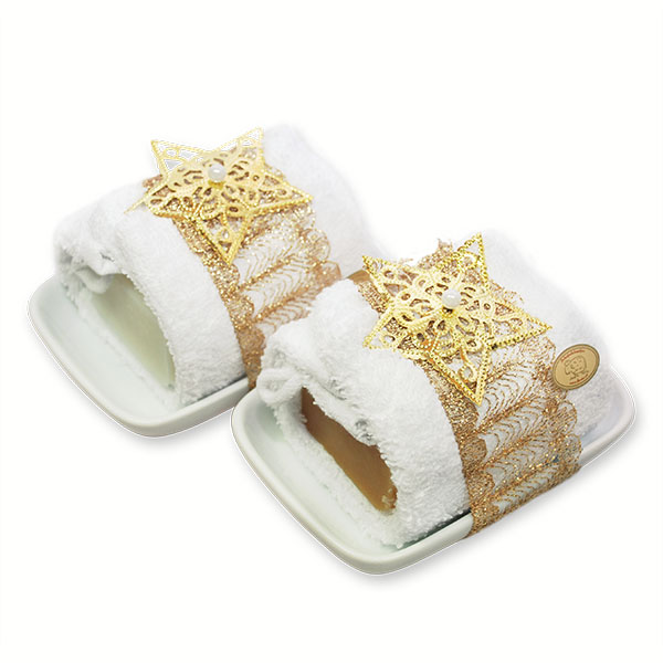 Sheep milk soap 100g on a soap dish decorated with a gold star, Classic/Quince 