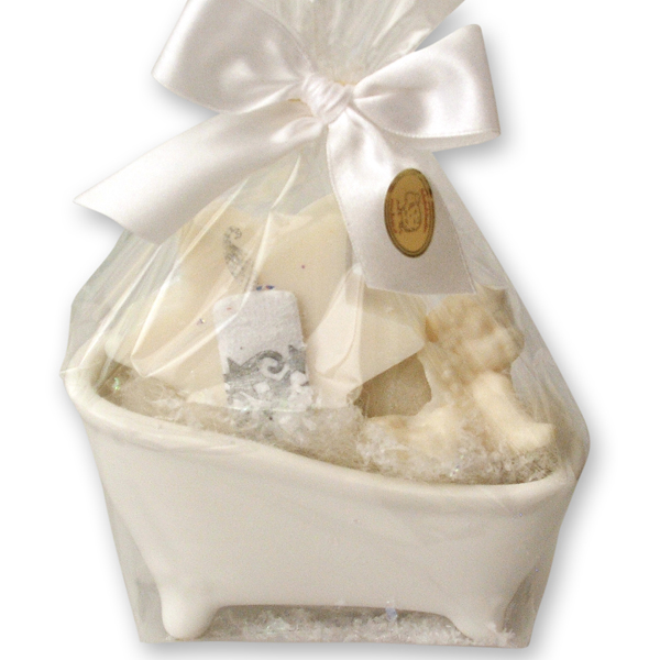 Bathtub filled with sheep milk soap star 80g and angel  20g in a cellophane, Christmas rose 