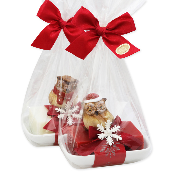 Sheep milk soap 150g on a soap dish with an owl in a cellophane, Classic/pomegranate 