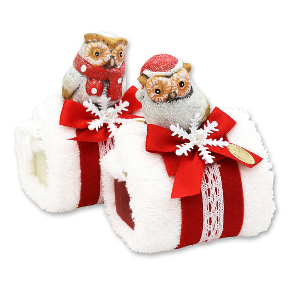 Sheep milk soap 100g with a wash cloth decorated with an owl, Classic/pomegranate 