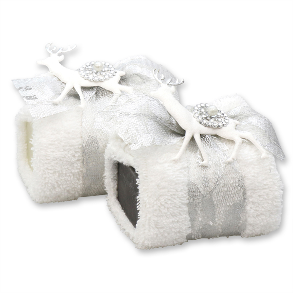 Schafmilchseife eckig 100g mit Waschlappen, dekoriert mit Hirsch, Classic/Christrose 