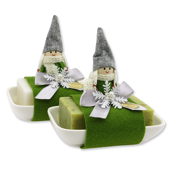 Sheep milk soap 150g on a soap dish decorated with a gnome, Classic/verbena 