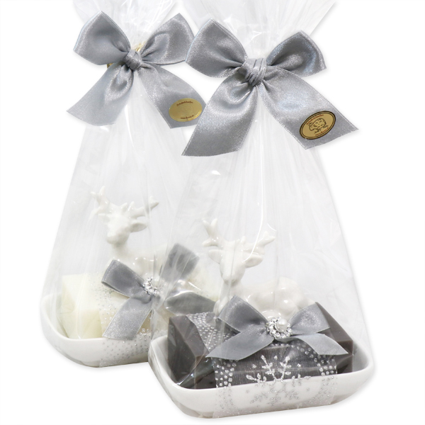 Sheep milk soap 150g on a soap dish decorated with a deer in a cellophane, Classic/christmas rose silver 