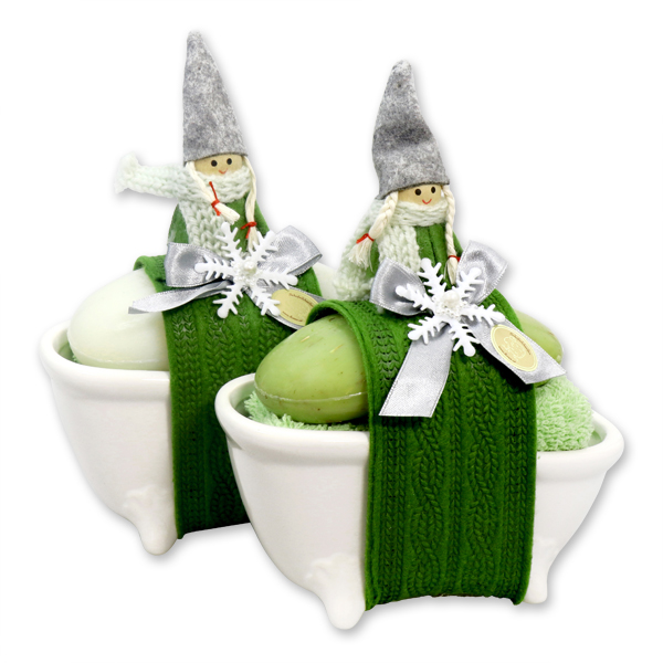 Bath tube filled with a sheep milk soap handsome 150g, decorated with a gnome, Classic/verbena 