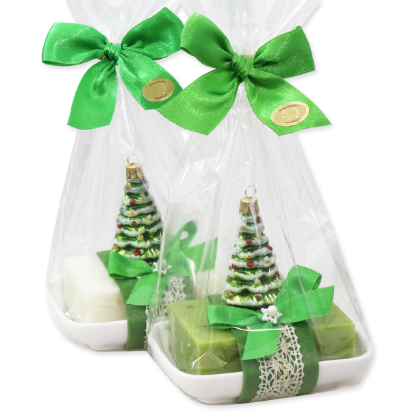 Sheep milk soap 150g on a soap dish decorated with a christmas tree in a cellophane, Classic/verbena 