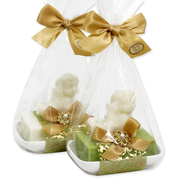 Sheep milk soap 150g on a soap dish decorated with a soap angel 50g in a cellophane, Classic/verbena 
