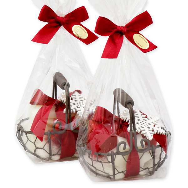 Wire basked filled with sheep milk soap 100g and star 20g decorated with a snowflake in a cellophane, Classic/pomegranate 
