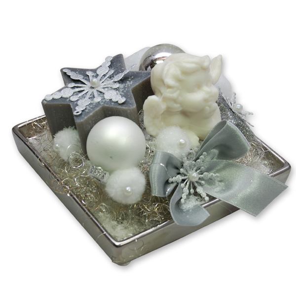 Sheep milk soap dream angel 50g, star 12g and star 80g in a small ceramic bowl, Christmas rose white/silver 