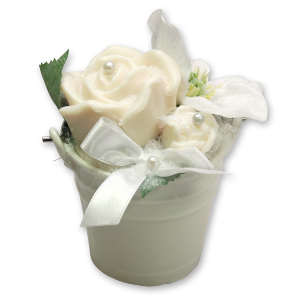 Schafmilchseife Rose 'Florex' 54g und 7g in Keramiktopf dekoriert, Schneerose 