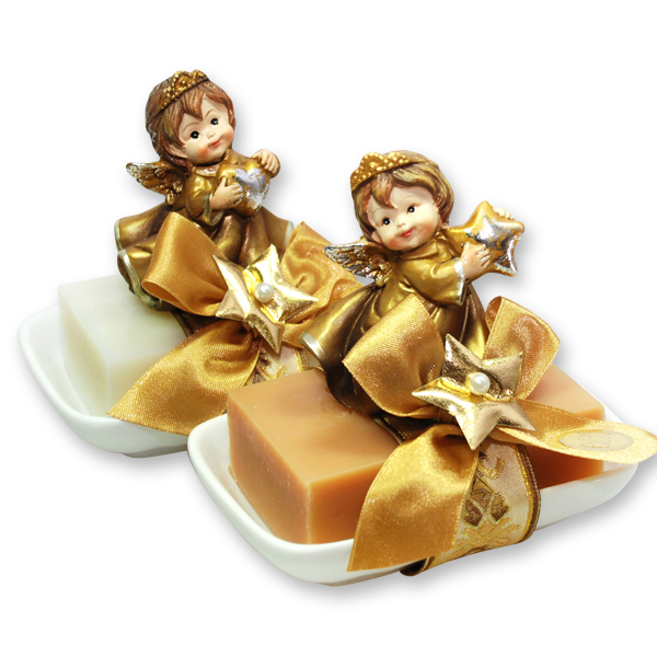 Sheep milk soap 150g on a soap dish decorated with an angel, Classic/quince 