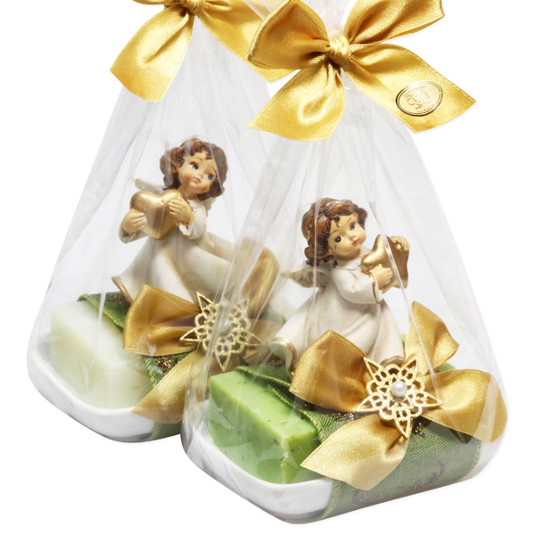 Sheep milk soap 150g on a soap dish decorated with an angel in a cellophane bag, Classic/verbena 