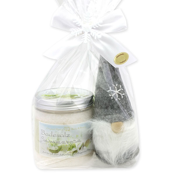 Badesalz 300g mit Wichtel in Cello, Schneerose 