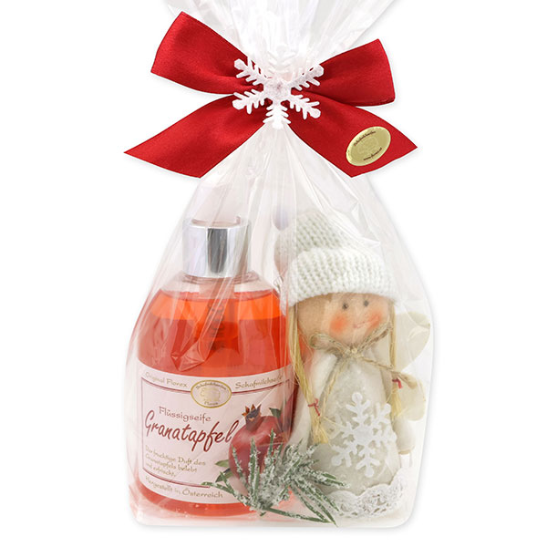Flüssigseife 250ml mit Stoffengel in Cello, Granatapfel 