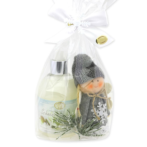 Flüssigseife 250ml mit Stoffengel in Cello, Schneerose 