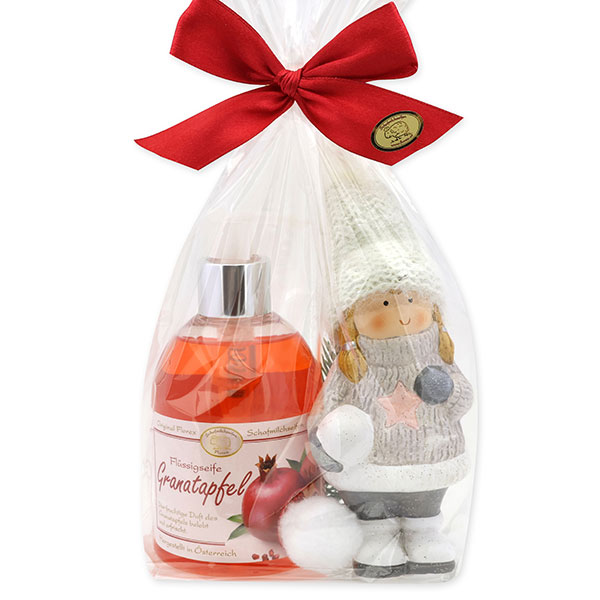 Flüssigseife 250ml mit Keramik-Winterkind in Cello, Granatapfel 