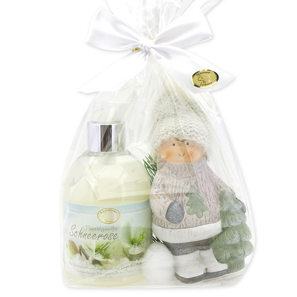 Flüssigseife 250ml mit Keramik-Winterkind in Cello, Schneerose 