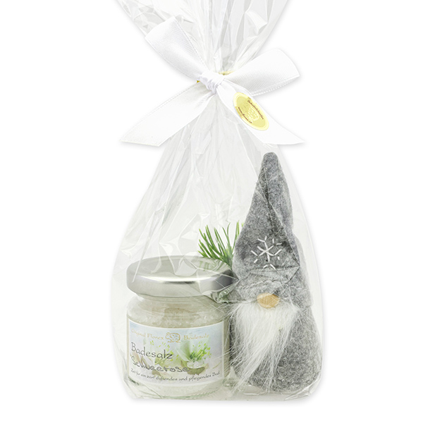 Bath salt 60g with a gnome in a cellophane bag, Christmas rose white 