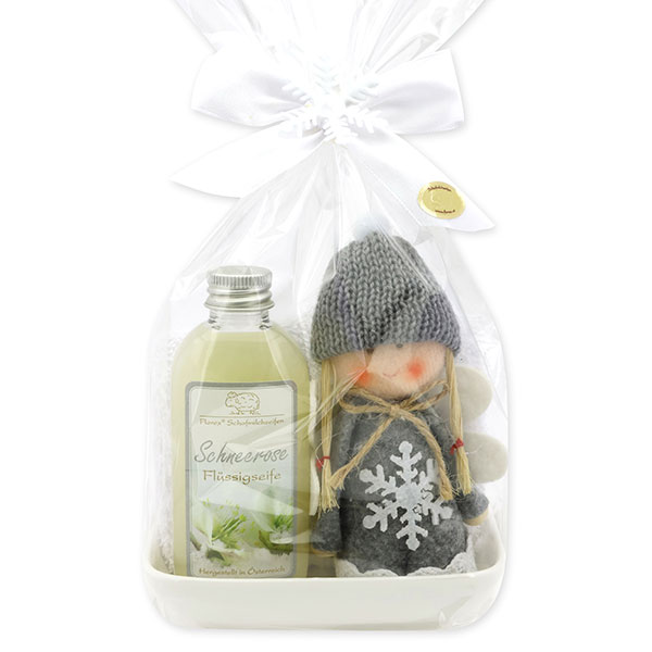 Care set 3 pieces with an angel in a cellophane bag, Christmas rose white 