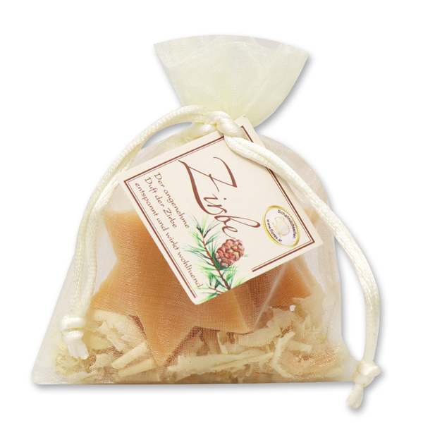 Sheep milk soap star 2x20g, decorated with swiss pine shavings in organza, Swiss pine 