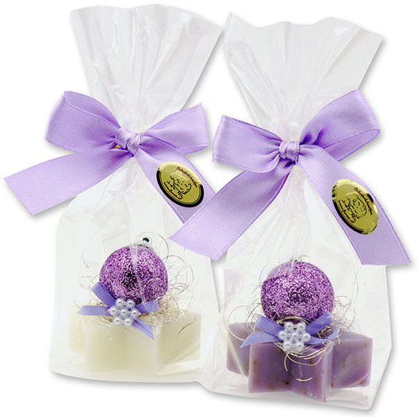 Sheep milk star soap 20g decorated with a christmas ball in a cellophane, Classic/lavender 