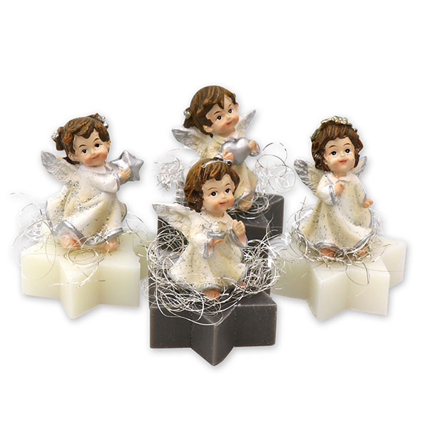 Sheep milk star soap 20g decorated with an angel, Classic/christmas rose silver 