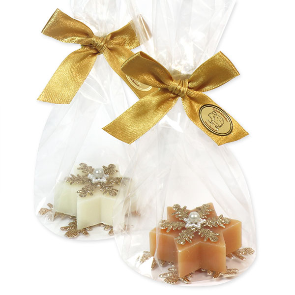 Schafmilchseife Stern 20g dekoriert mit Schneeflocke in Cello, Classic/Zirbe 