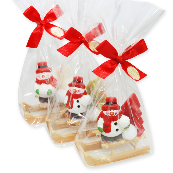Sheep milk soap tree 24g decorated with a snowman on a wodden sledge in a cellophane, sorted 