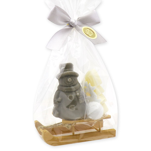 Sheep milk soap snowman 40g and tree 24g decorated with a deer on a sledge in a cellophane, Classic/christmas rose silver 
