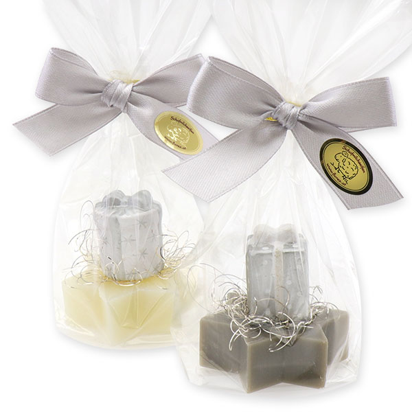 Sheep milk star soap 20g decorated with a present in a cellophane, Classic/christmas rose silver 