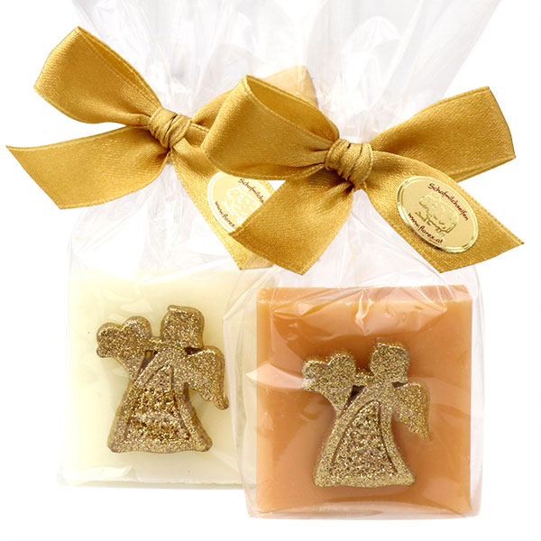 Schafmilchseife Quadrat 35g dekoriert mit Engel in Cello, Classic/Quitte 
