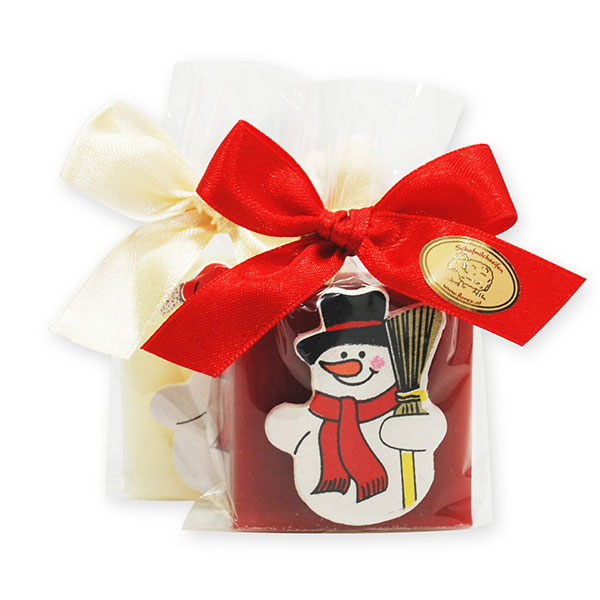 Schafmilchseife Quadrat 35g dekoriert mit Schneeman in Cello, Classic/Granatapfel 