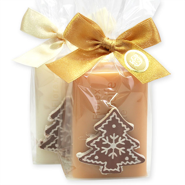 Schafmilchseife eckig 100g dekoriert mit Tannenbaum-Lebkuchen in Cello, Classic/Quitte 