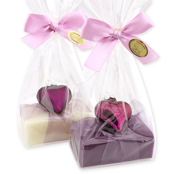 Sheep milk soap 100g, decorated with a glass christmas heart in a cellophane, Classic/elderberry 