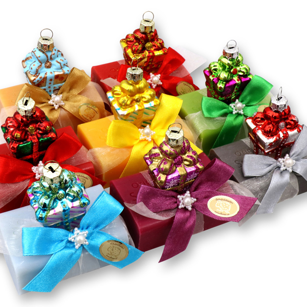 Sheep milk soap 100g decorated with a glass christmas hanger present, sorted 