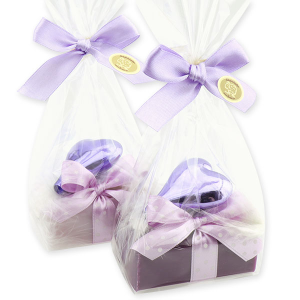 Sheep milk soap 100g, decorated with a glass christmas heart in a cellophane, Elderberry/lilac 