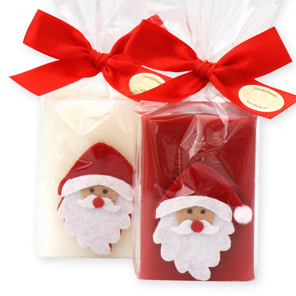 Schafmilchseife eckig 100g dekoriert mit Weihnachtsmann in Cello, Classic/Granatapfel 