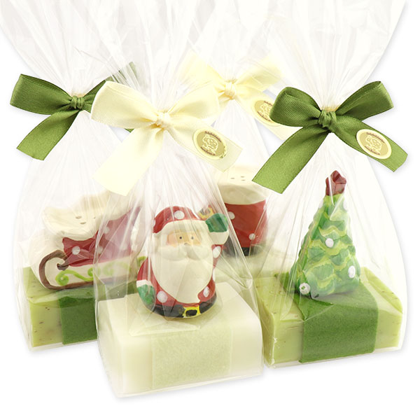 Schafmilchseife eckig 100g dekoriert mit Weihnachtsfiguren in Cello, Classic/Eisenkraut 