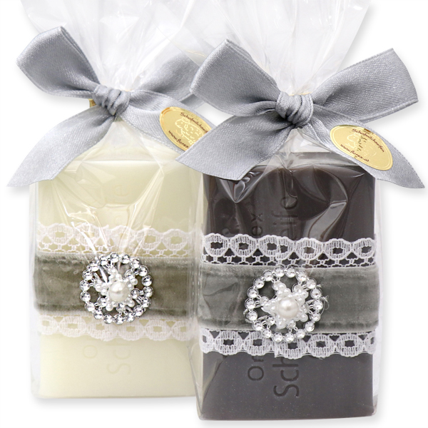 Sheep milk soap 100g decorated with glitter ornament in a cellophane, Classic/christmas rose silver 
