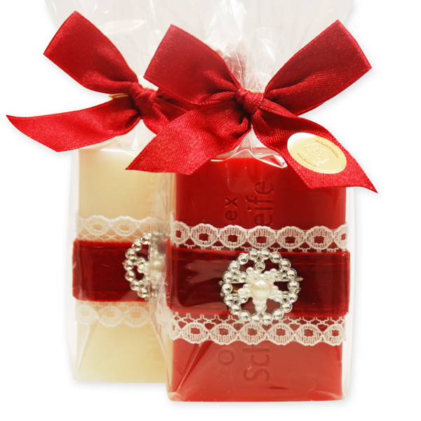 Schafmilchseife eckig 100g dekoriert mit Glitzerornament in Cello, Classic/Granatapfel 