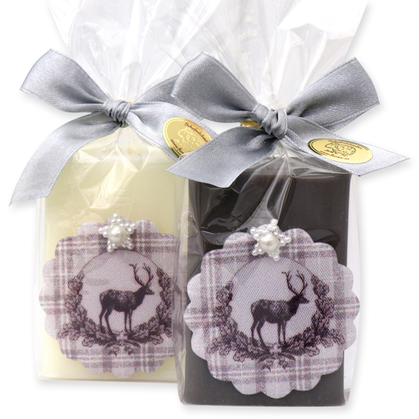 Schafmilchseife eckig 100g dekoriert mit Platzhirsch in Cello, Classic/Christrose 
