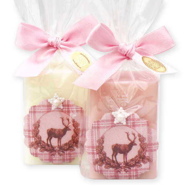 Schafmilchseife eckig 100g dekoriert mit Platzhirsch in Cello, Classic/Magnolie 