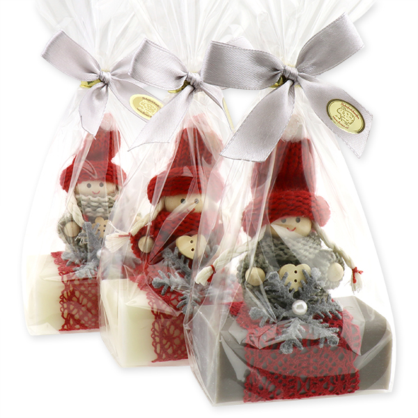 Sheep milk soap 100g decorated with a gnome in a cellophane, Classic/christmas rose silver 