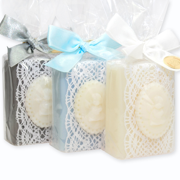 Sheep milk soap 100g decorated with a soap medaillon 7,5g in a cellophane, sorted 