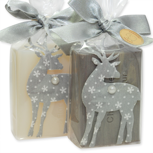 Schafmilchseife eckig 100g dekoriert mit Stoff Hirsch in Cello, Classic/Christrose 