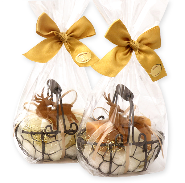 Drahtkorb gefüllt mit Schafmilchseife eckig 100g und Tannenbaum 16g dekoriert mit Filzhirsch in Cello, Classic/Quitte 