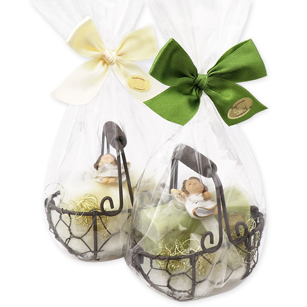 Wire basket filled with sheep milk soap 100g and star 20g in a cellophane, decorated with angel, Classic/verbena 