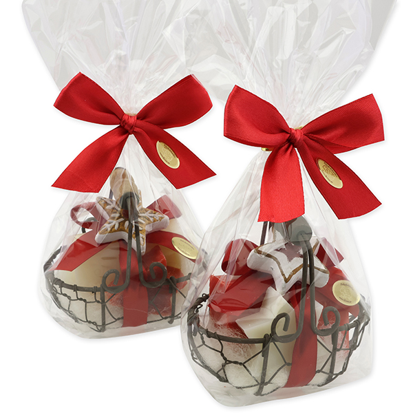 Wire basket filled with sheep milk soap square 100g and star 20g decorated with gingerbread in a cellophane, Classic/pomegranate 