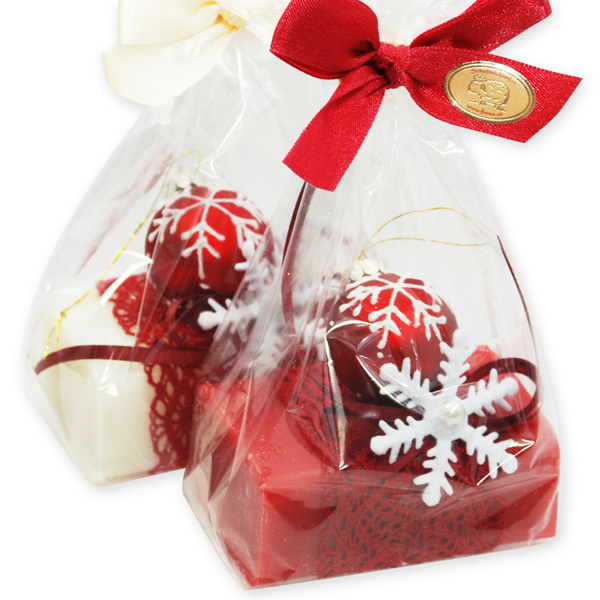Sheep milk soap 100g decorated with a glass christmas ball in a cellophane, Classic/pomegranate 
